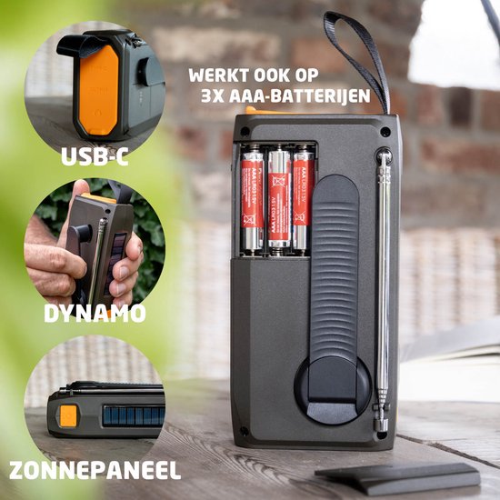 BREND BR-2244 Noodradio met DAB en FM - Bluetooth Speaker - SOS-Alarm - Powerbank - LED-Zaklamp - USB-C - Oplaadbaar met Zonnepaneel en Zwengel
