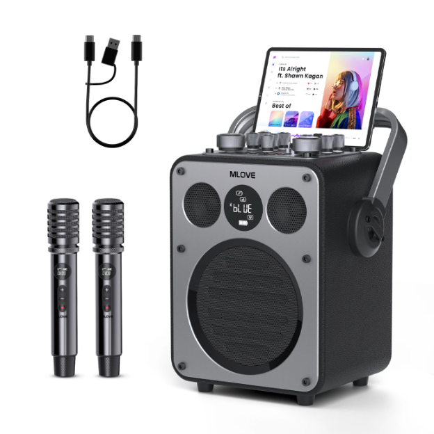 MLOVE D5 Karaoke Machine - 200W - 2 Draadloze Microfoons - Bluetooth - Zwart