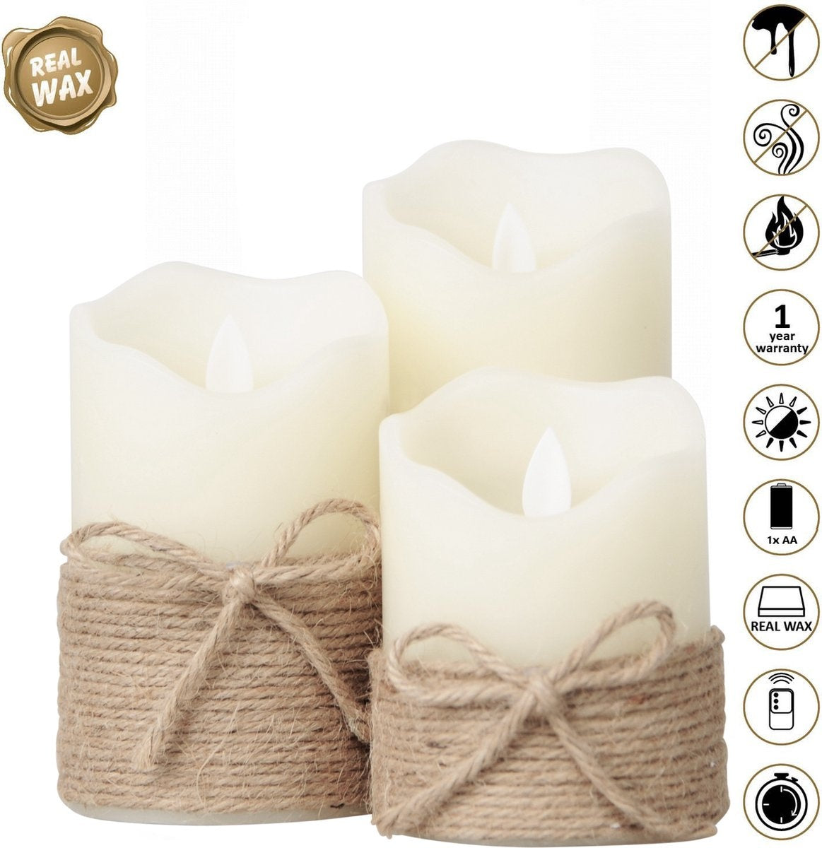 O'DADDY® LED Kaarsen Met Bewegende Vlam – Set 3 maten 10+12.5+15cm 8d - Met Timer en Dimfunctie - LED Kaarsen Met Afstandsbediening - Rope