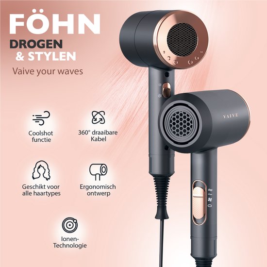 VAIVE Ionische Föhn met Diffuser - Haardroger 2000 Watt - Haarfohn met Coolshot - 3 standen