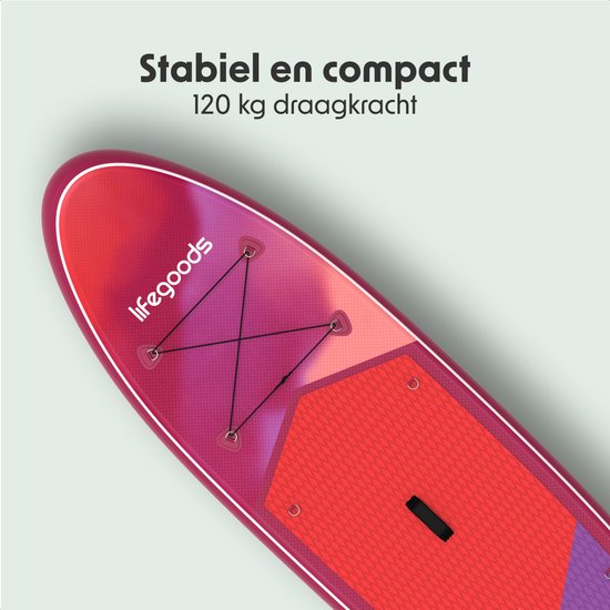 LifeGoods SUP Board Allround Compact - 100 KG Draagkracht - 300 x 76 cm - Opblaasbaar - Compleet SUP pakket - Rood/Lila