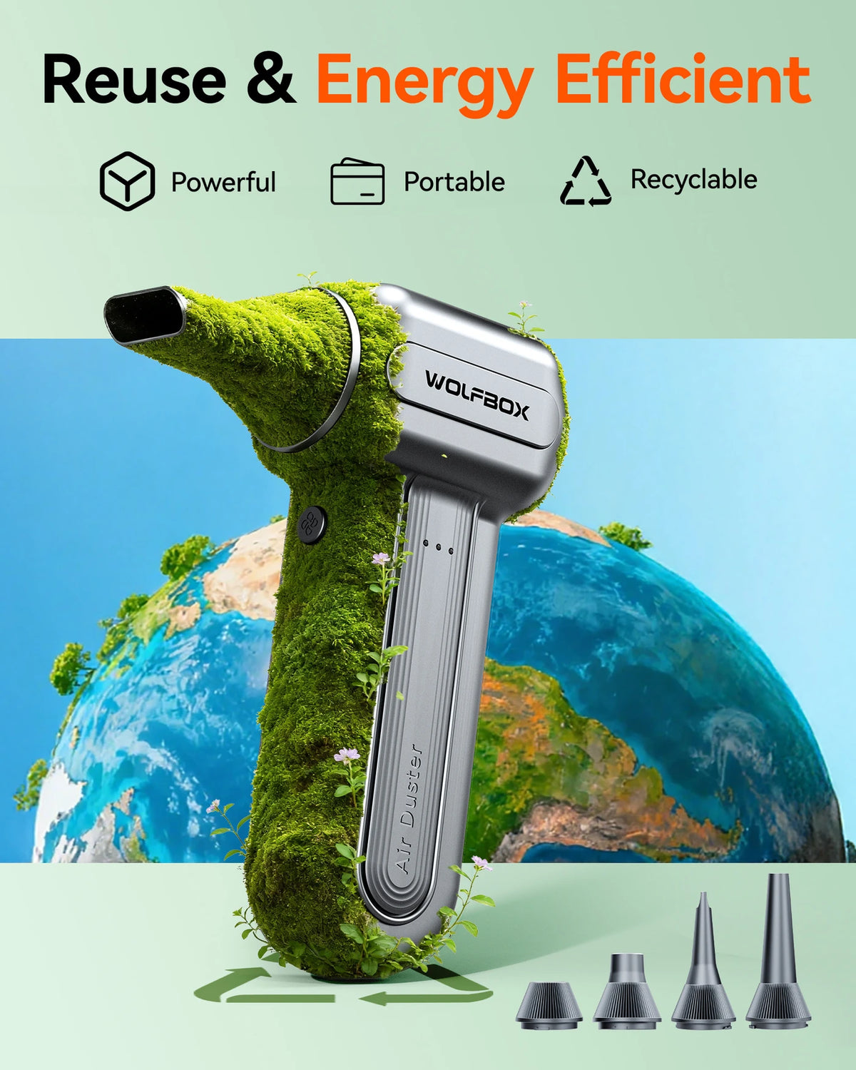 WOLFBOX DF60 Draadloze Luchtblazer – 110.000 RPM – 3 Snelheden – Krachtige Air Duster voor Auto, Thuis en Outdoor