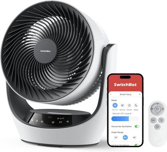 SwitchBot 22dB Draadloze Tafelventilator - Fluisterstille Oplaadbare USB Ventilator met App en Afstandsbediening - Stille Bureau Luchtcirculatie - 4 Standen & Timer - Wit