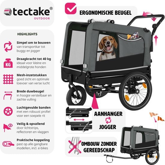 tectake® - Hondenkar WoofRider fietskar - grijs - inklapbaar, tot 40 kg - hondenbuggy hondenwagen - 404947
