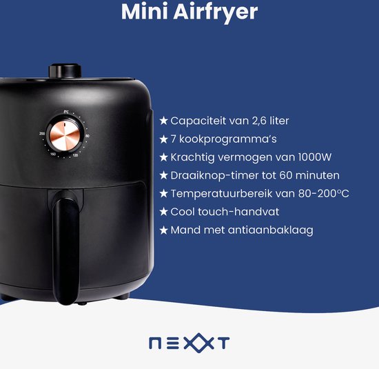 Nexxt Mini Airfryer met 8 Kookprogramma’s – Heteluchtfriteuse van 2,6 Liter voor Bakken, Grillen, Braden – Timer en Automatische Uitschakeling – 1000W