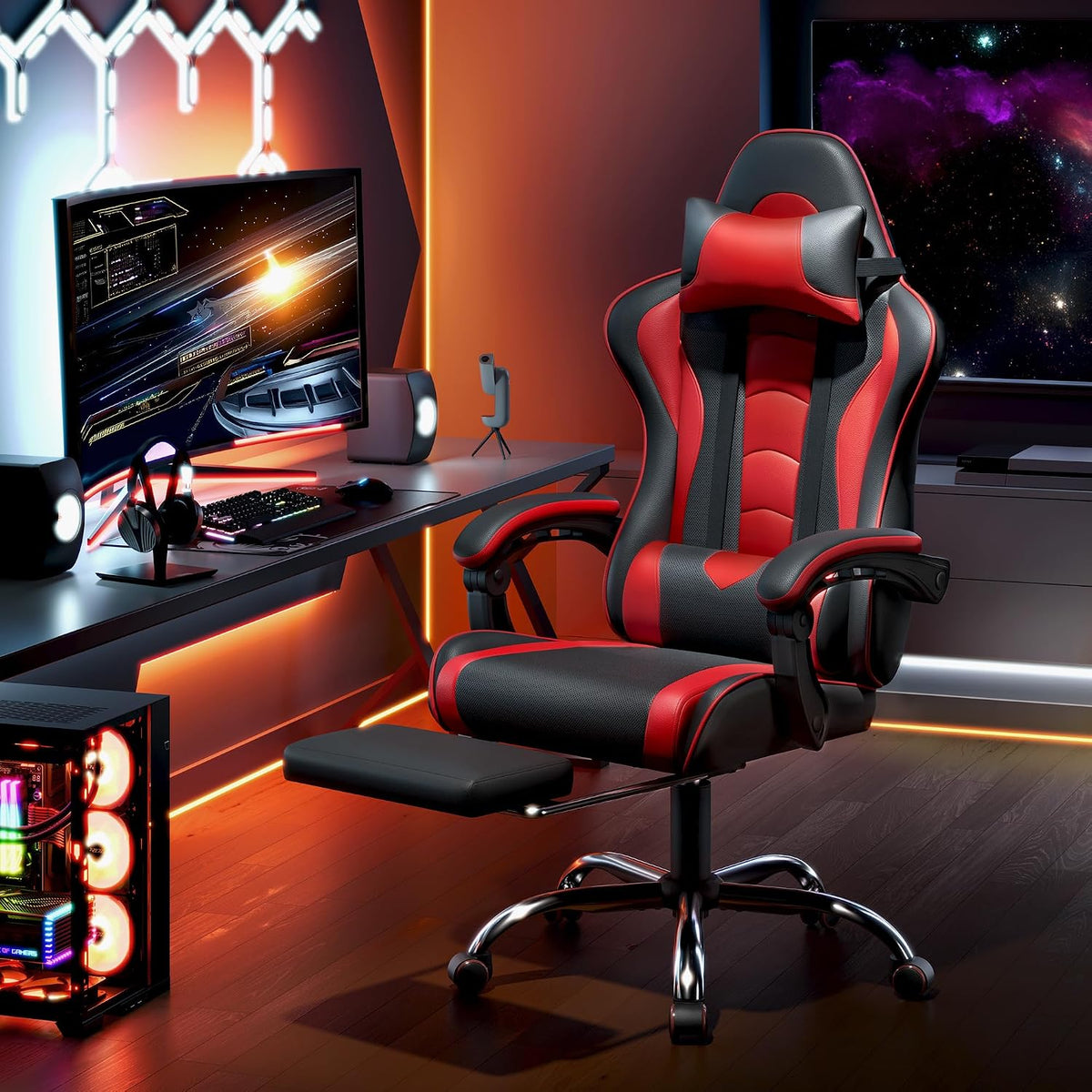 Yaheetech ergonomische gamingstoel - Voetensteun en massagekussen - Zwart/rood