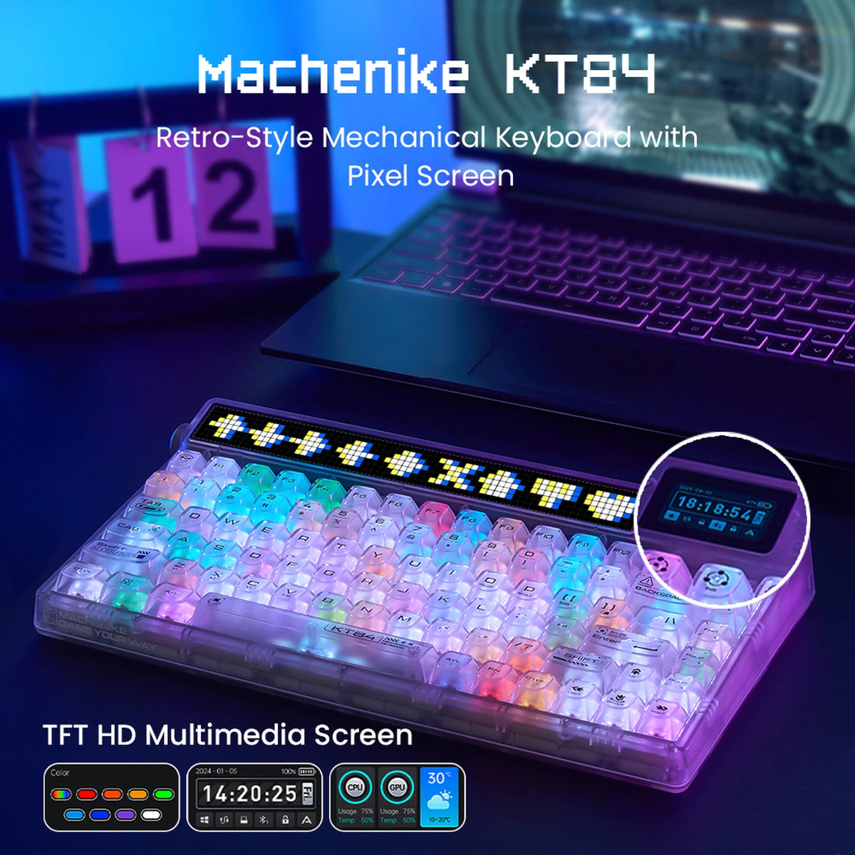 Machenike KT84-B84W 75% Mechanisch Toetsenbord - Wit - Gateron Yellow, RGB, Tri-Mode