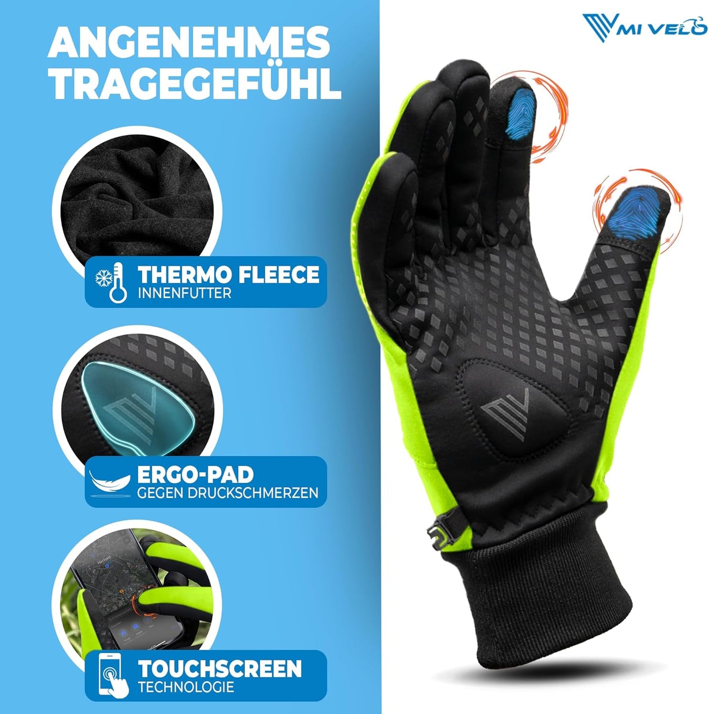 MIVELO Fietshandschoenen VELORIDER - Wind- en Waterdicht - Stevige Grip - Geel - Maat L