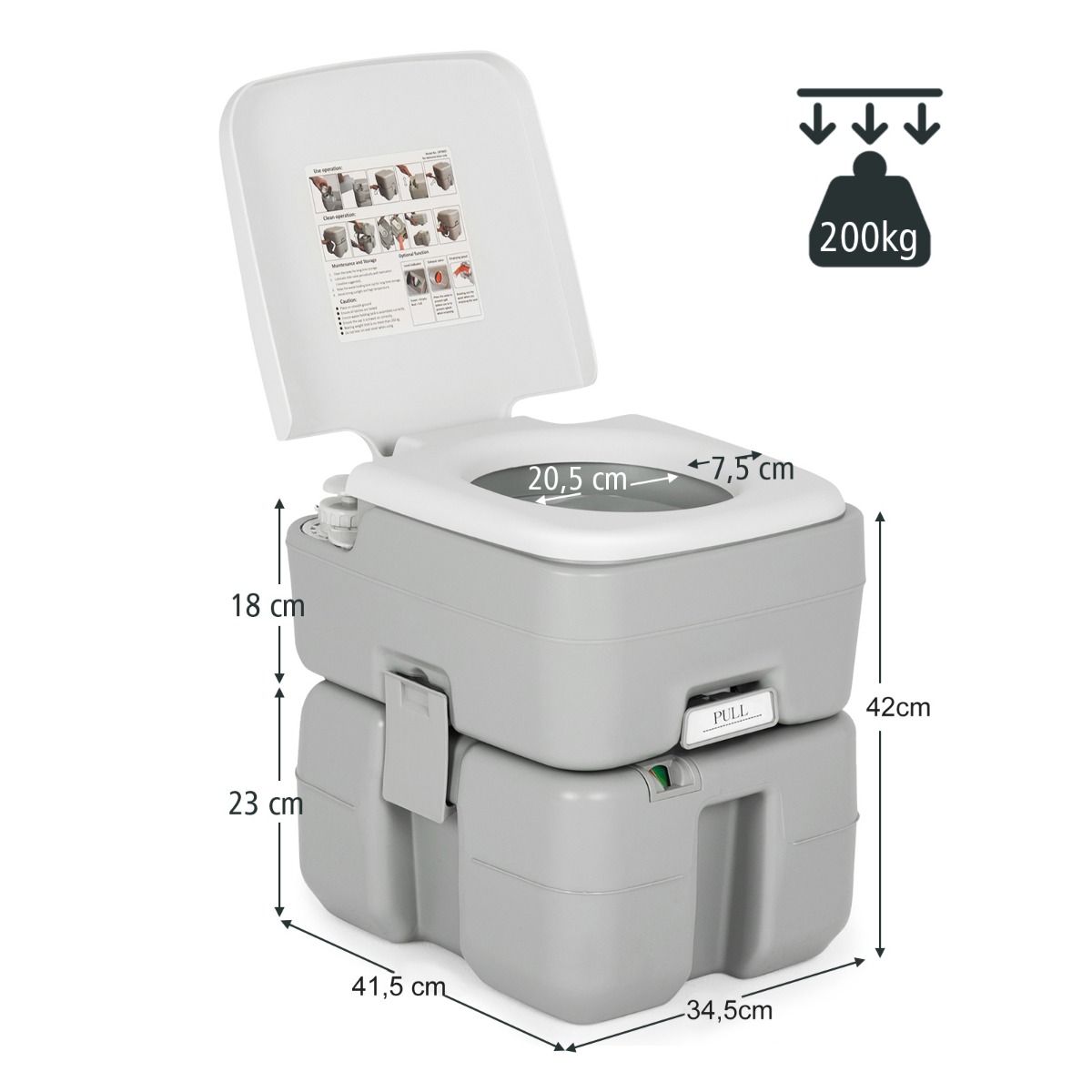Coast Draagbaar Campingtoilet - Gescheiden tanks - 10L schoonwater, 20L afval - Grijs