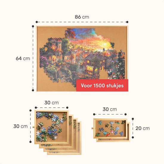 Draaibaar Puzzelbord met Opbergsysteem - 6 lades - 1500 stukjes - Houten - Puzzeltafel - Puzzelplank - Puzzelmap - Puzzelplaat - Incl. Bescherm cover - Puzzel - mat - Koffer - Sorteerbakjes