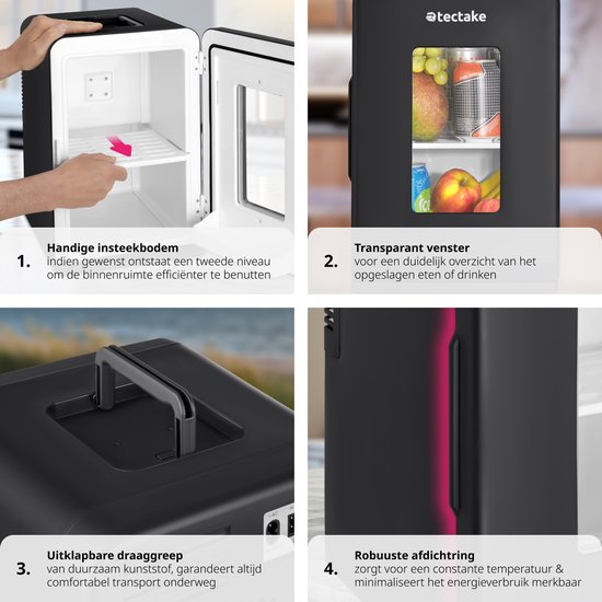 tectake® Mini-Autokoelkast - Draagbare minibar 14L - 2-in-1-functie: koelen en verwarmen - Ideale elektrische koeler voor dranken, medicijnen of make-up - Voor thuis of onderweg - ECO-modus