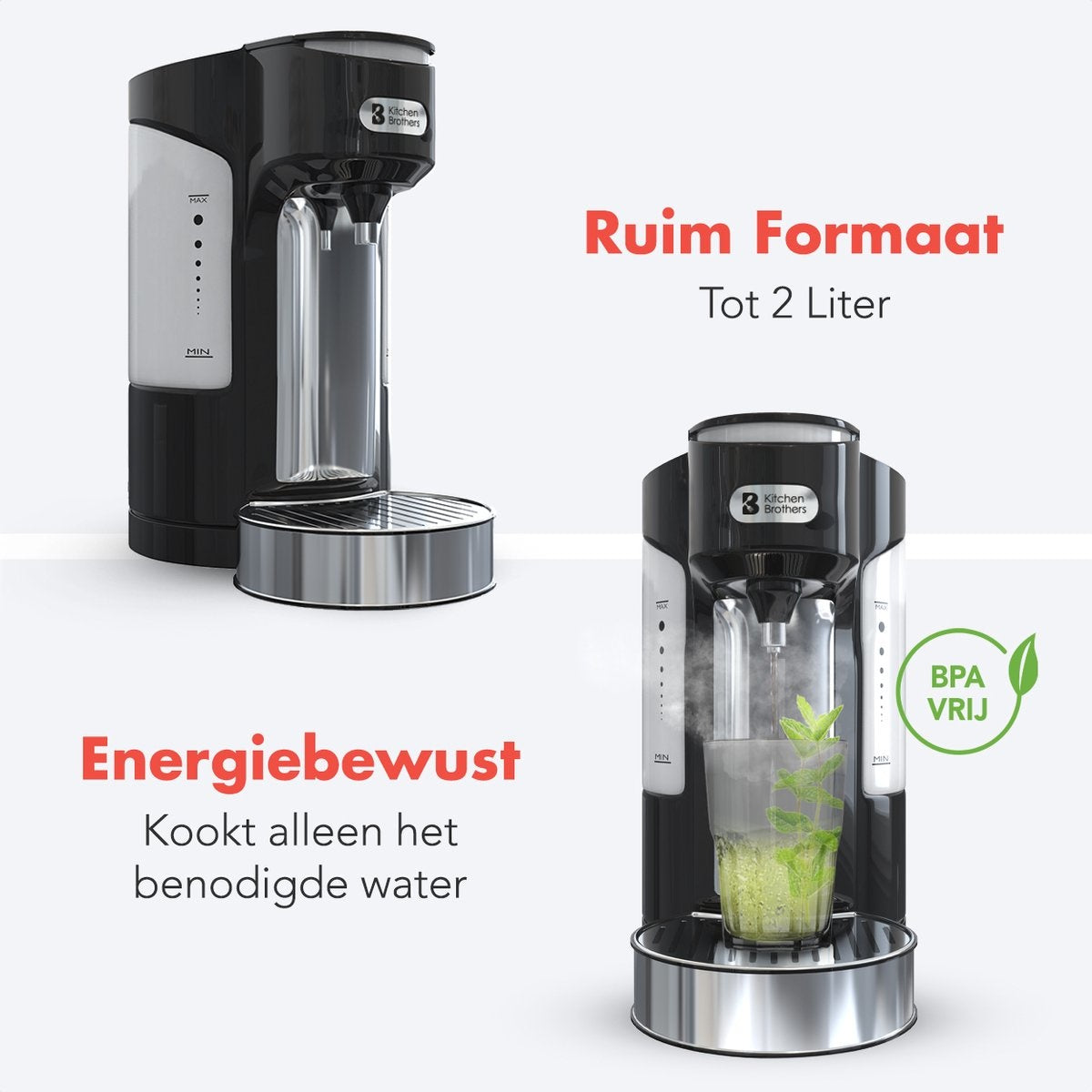 KitchenBrothers Heetwaterdispenser - 2L - 3000W - RVS /Zwart