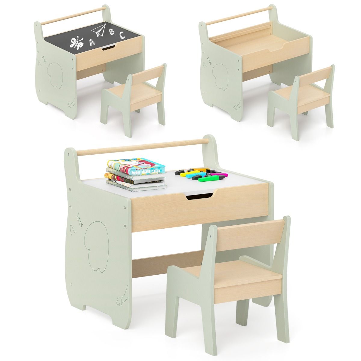 Coast 3-in-1 Kindertafelset - met omkeerbaar tafelblad en verborgen opbergruimte - groen