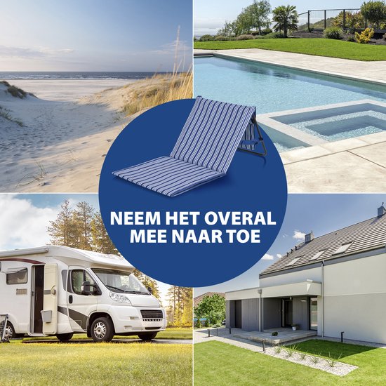 Campart Strandstoel en Strandligbed BE-0421 - Stretcher en Stoel Inklapbaar - Strandmat met verstelbare rugleuning - Met afneembaar hoofdkussen - Blauw Wit