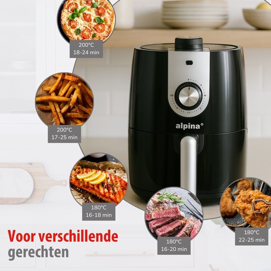 alpina Airfryer 2L - Heteluchtfriteuse 1-4 Personen - Air Fryer met Timer - Instelbare Temperatuur 80 tot 200 Graden - met Timer Functie - Heteluchtoven 900W