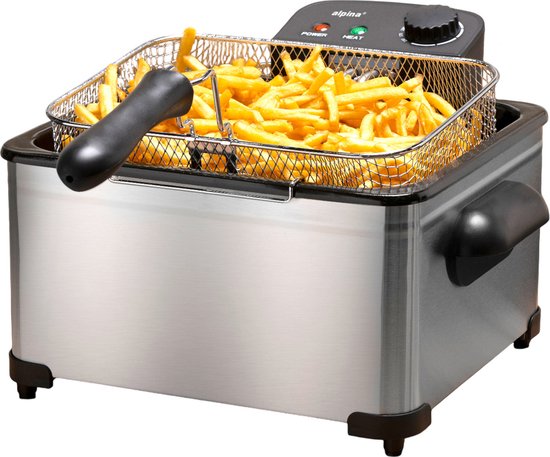 alpina Frituurpan Dubbel 5 Liter - Friteuse met Instelbare Thermostaat - Frituur met 3 Uitneembare Manden - Frietpan 2000W - 27,5 x 21,5 x 30,5 cm - RVS