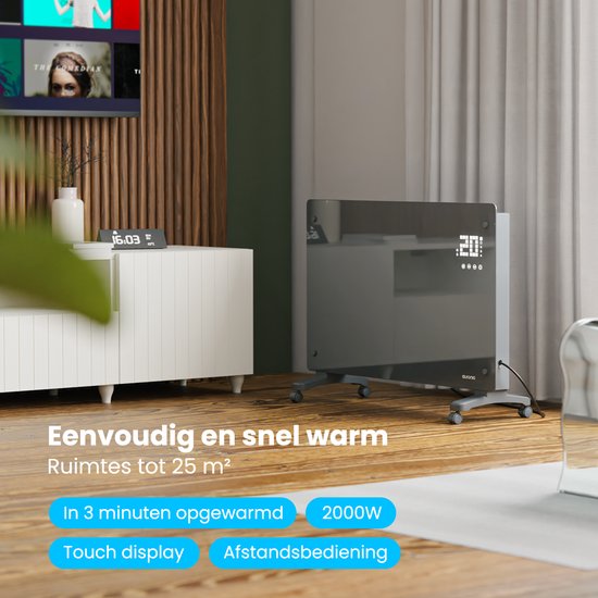 Auronic Elektrische Kachel – Convectorkachel met Thermostaat en Afstandsbediening - Glazen Paneelverwarming - 2000W Heater - Grijs