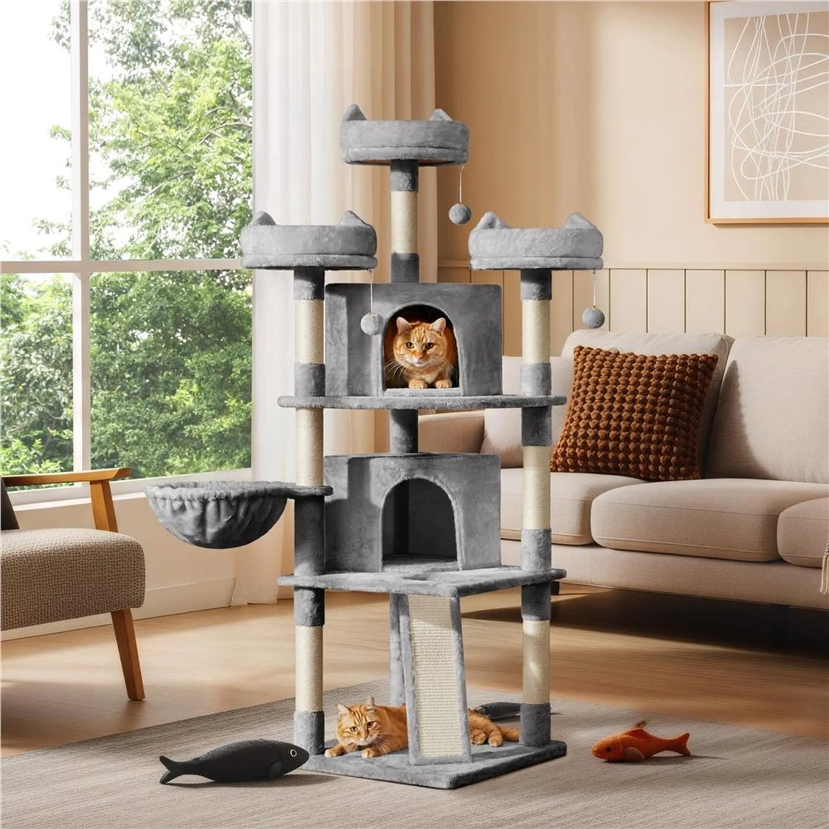 Yaheetech Krabpaal XXL Met 3 Uitkijkplatformen – Voorzien Van 2 Kattenholen En Krabplank En Anti-kantelsysteem – Voor Huishoudens Met Meerdere Katten – Lichtgrijs Pluche En Sisal – 55,5 x 55,5 x 175 cm