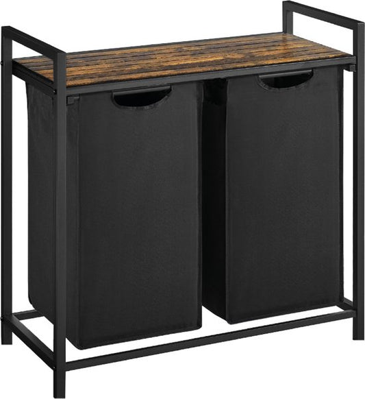 BRASQ Wasmand 2 vakken - Wassorteerder 76 Liter - Uitschuifbaar met Plank 73x33x71 cm - Wasbox Zwart Metaal - Bruin hout - Basket