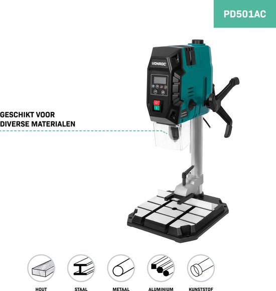 VONROC kolomboormachine 900W – tafelboormachine – digitaal bedieningspaneel met LCD scherm - kruislijnlaser en LED werkverlichting - Incl. snelspanklem, boorklem en parallelgeleider