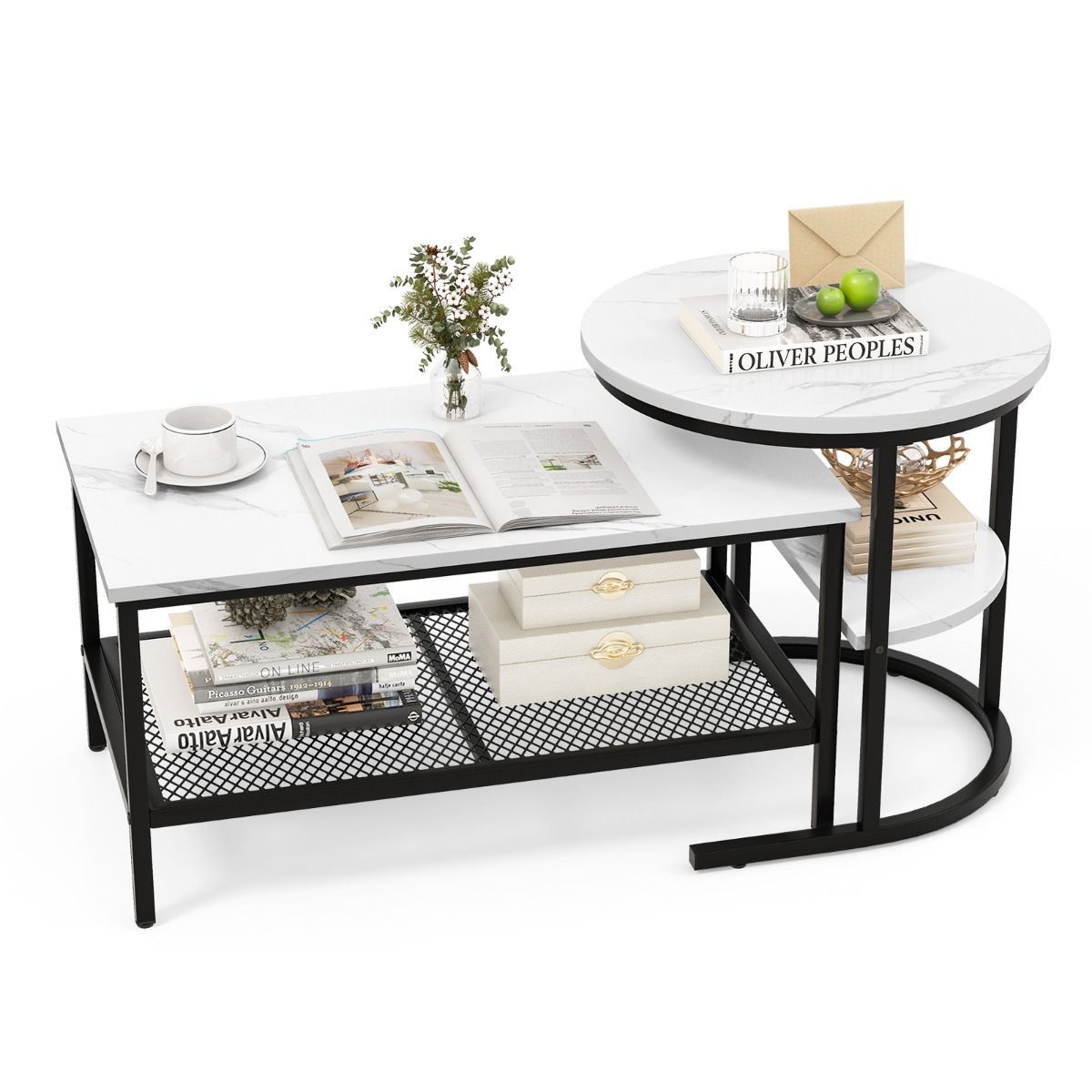 Coast Bijzettafelset - salontafel en bijzettafel - marmerlook tafelblad - zwart en wit