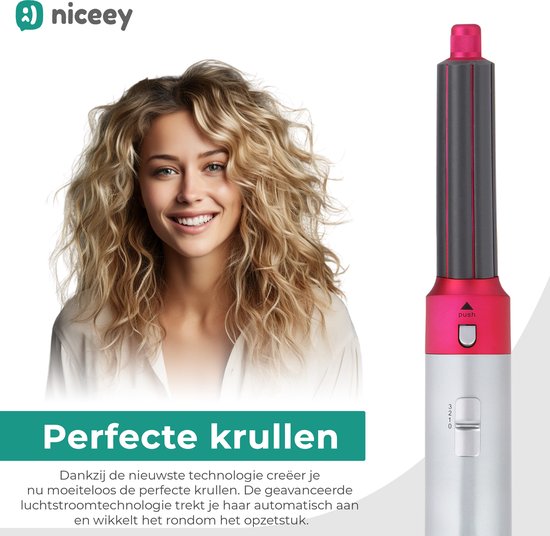 Niceey Fohnborstel - Krultang 5-in-1 Set - Airstyler - Multistyler - Stijlborstel - Krultang met Opzetstukken - Haardroger met Borstel - Met Handschoen - Krulborstel - Haarborstel - 2025 Model - Grijs/Paars