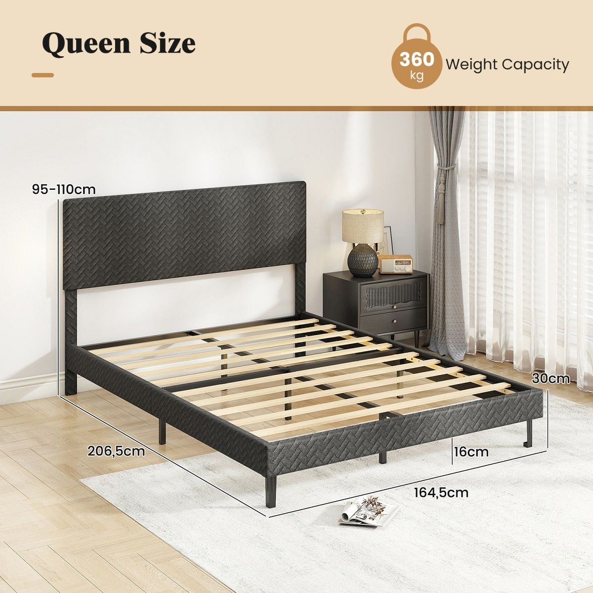 Coast Gestoffeerd Bedframe - in hoogte verstelbaar hoofdbord - lattenbodem - grijs
