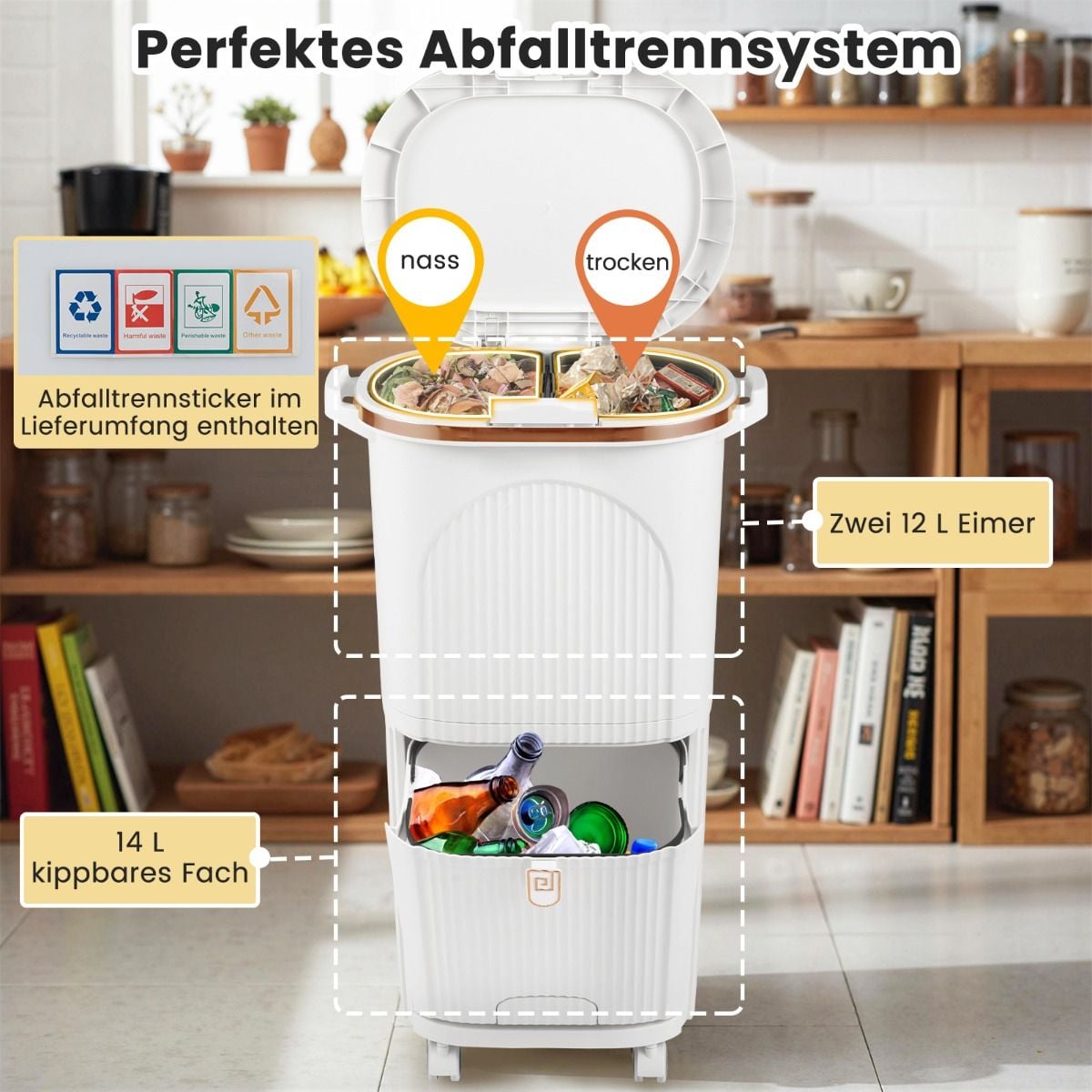 Coast Afvalbak 38L Wit – 43 x 29 x 74,5 cm – Met 2 Uitneembare Bakken, Kantelvak en Wielen