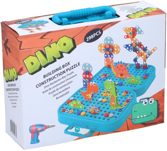 Eddy Toys Bouwset met Bouwdoos incl Speelgoed Boormachine - Constructiespeelgoed met 298 Onderdelen - Dinosaurus Speelgoed - Montessori Speelgoed Insteek Mozaiek - Educatief Speelgoed