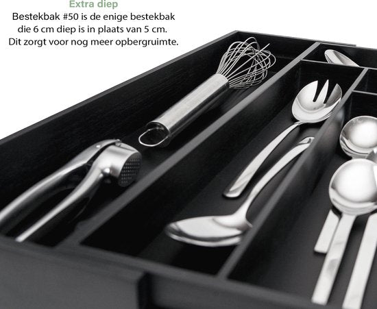 Budu Uitschuifbare Bamboe Bestekbak #50 (50 cm diep) - Zwart - Bestekcassette Hout - Besteklade - 50 x 34,1 - 56 cm - 6/8 vakken