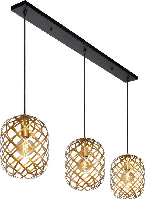 Lucide Wolfram Industriële Hanglamp – 3 Lichtpunten – Verstelbare Hoogte 40–155 cm – LED Geschikt – 110 × 25 × 150 cm – Mat Goud / Messing