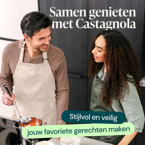 Castagnola keukenschort - Water- en vuilafstotend - Professioneel Kookschort - Schort voor Dames en Heren - Horeca Sloof - Unisex - Verstelbare Gesp - Extra Grote Vakken - Beige