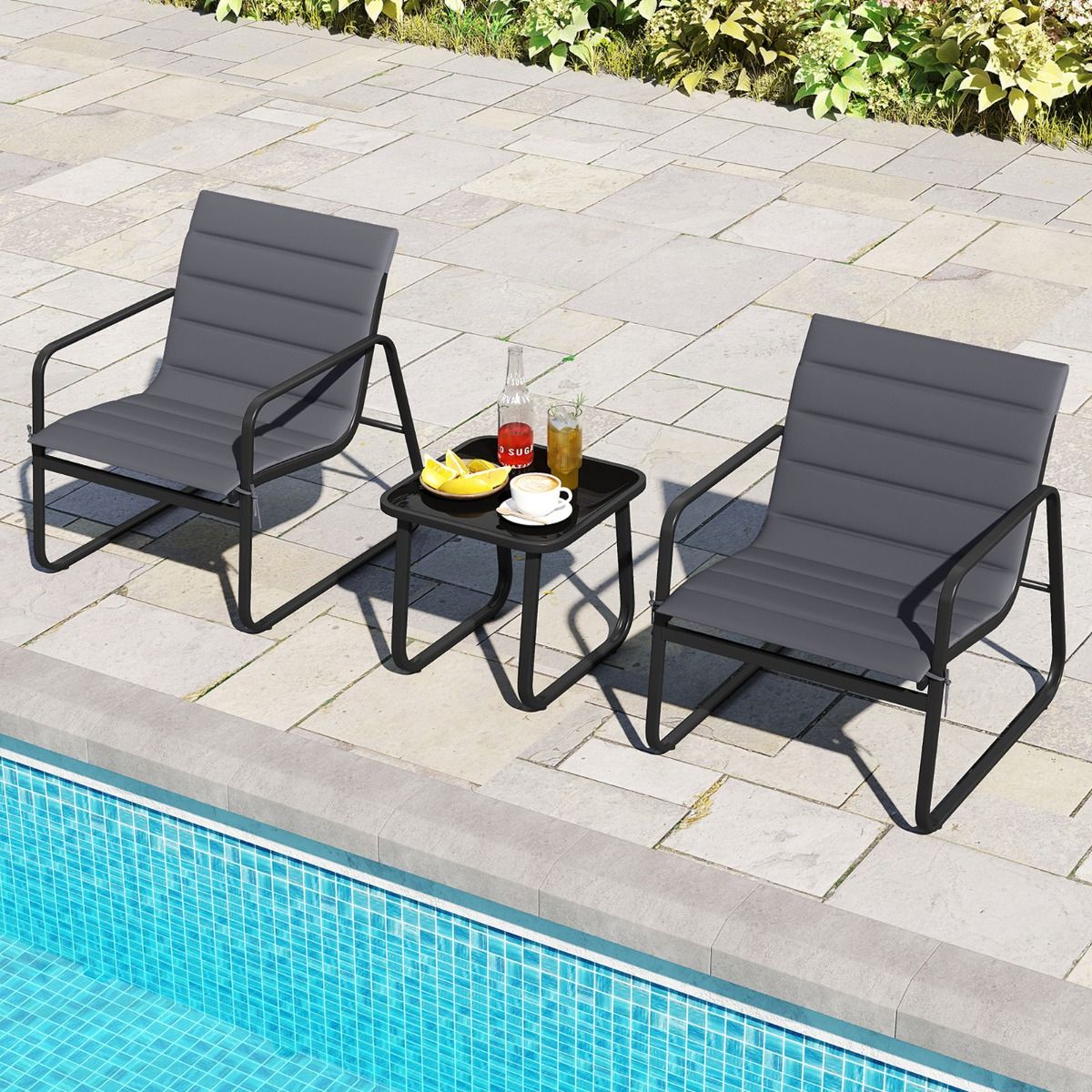 Coast 3-delige tuinset - buitenstoelen met afneembare kussens - bijzettafel met gehard glas - grijs en zwart