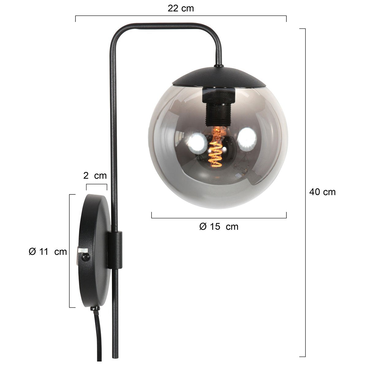Wandlamp Bollique 4609ZW zwarte metalen wandlamp met smoke glas, E14 fitting, trendy stijl - Steinhauer