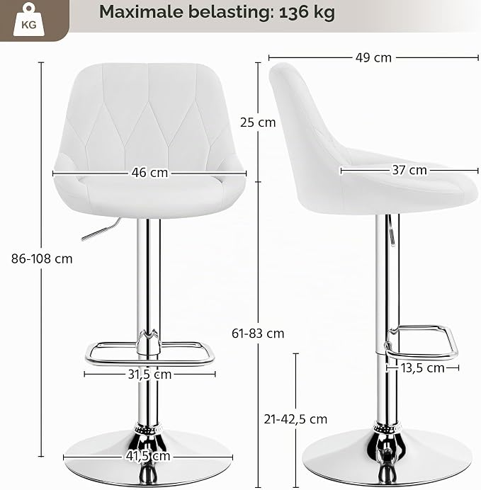Yaheetech Barkruk met Rugleuning en Voetsteun - Kunstleer - Verstelbaar 86 tot 107,5 cm - 46 x 49 cm - Wit