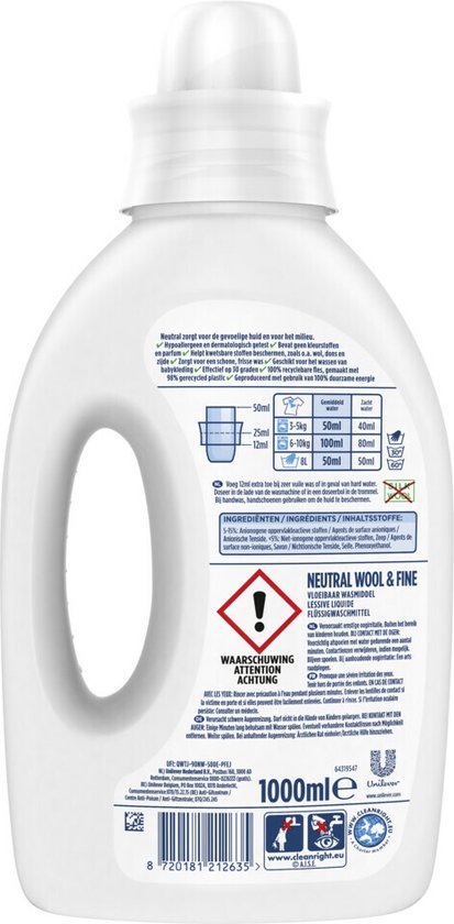 Neutral Vloeibaar Wasmiddel - Parfumvrij en Hypoallergeen - Wol & Fijn - 6 x 20 Wasbeurten - Voordeelverpakking