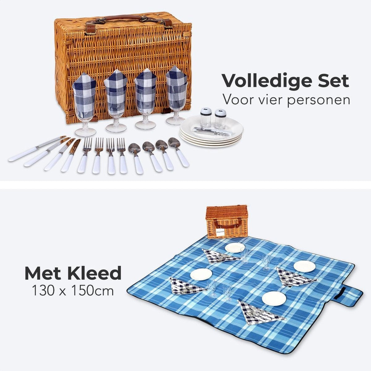 LifeGoods Picknickmand - 29-Delige Set met Picknickkleed - 4 Personen - PU-leer
