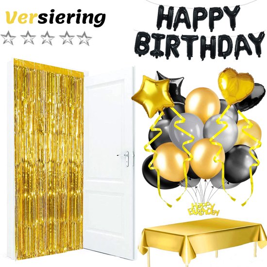 Feestio Ballonnen Verjaardag Versiering met Tafelkleed en Slingers - Helium - Zwart Goud