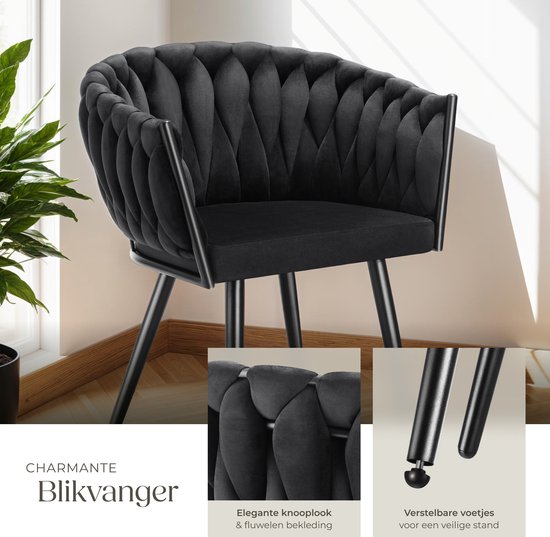 tectake® - Set van 2 Fluwelen eetkamerstoelen - Kuipstoel met armleuning in knooplook - Eetkamerstoel - Moderne eetkamerstoel voor woonkamer en eetkamer - Keukenstoel - Kaptafelstoel - Slaapkamerstoel - Diverse kleuren - Zwart