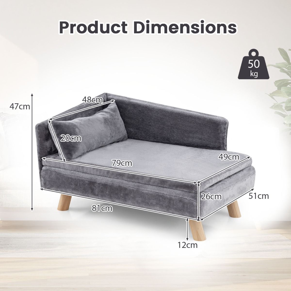 Coast Verhoogde Hondensofa - halfronde rugleuning - afneembaar kussen - grijs - 81 x 51 x 47 cm