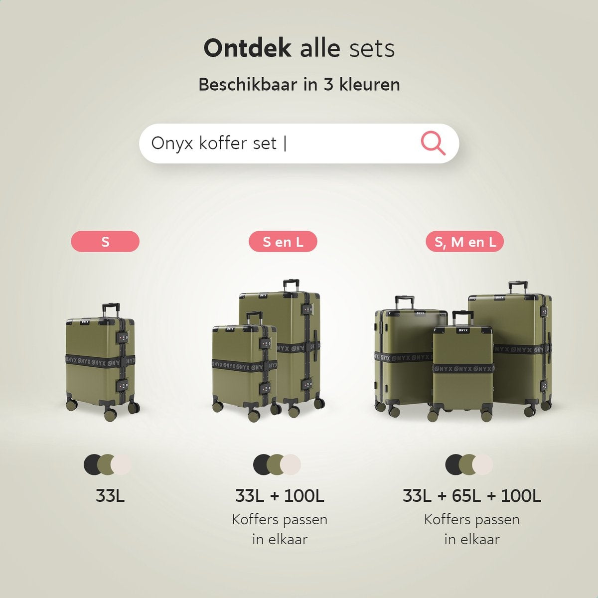ONYX Handbagage koffer 33L - TSA slot - Spinner wielen - Lichtgewicht Trolley - Aluminium sluiting - Olive groen