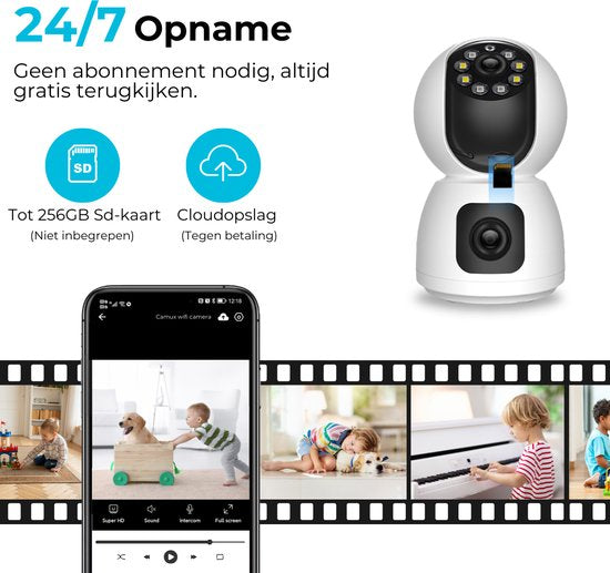 Camux DualVision Beveiligingscamera Binnen - 2MP Full HD Camera met Nachtzicht - Babyfoon - Baby monitor - Huisdiercamera met app - Hondencamera - Petcam