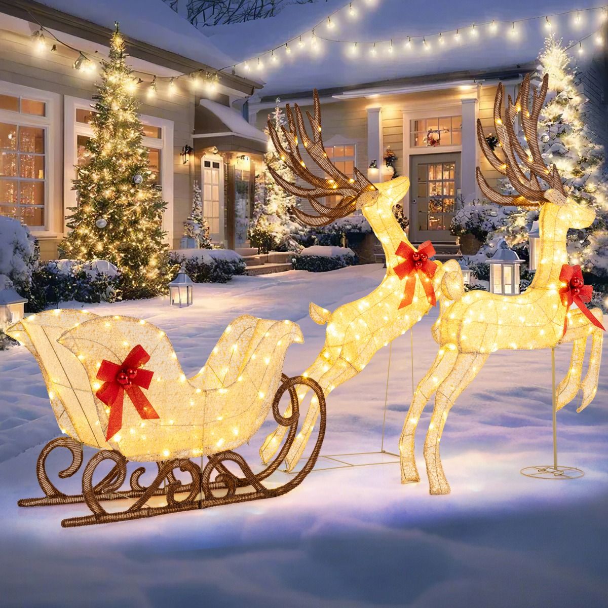 Coast 3-delige LED rendier en slee set - 280 warmwitte lampjes - meerkleurig