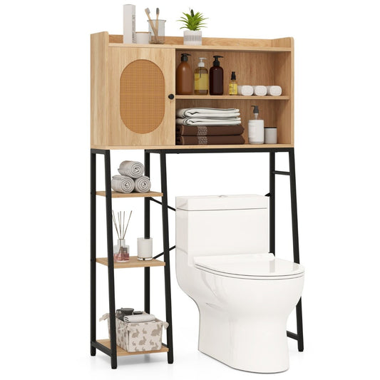 Coast Toiletkast 89x29x139 cm Natuur – Vrijstaand Wasmachinerek met PE-Rotan Deur, Opbergvakken en Verstelbare Plank
