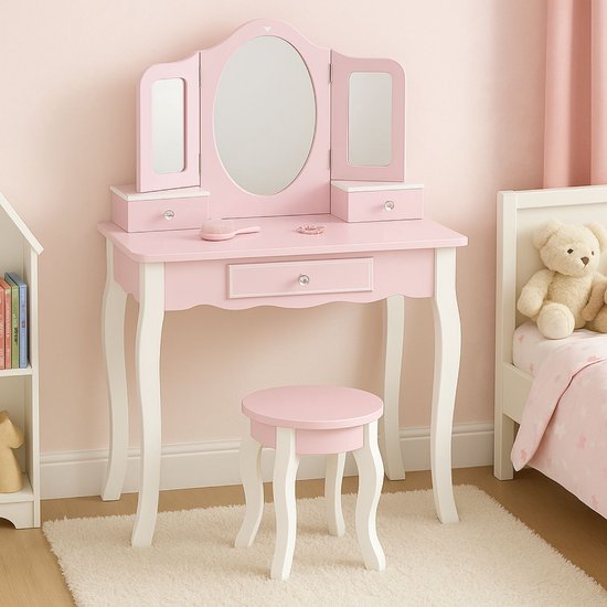 Maxx Kidz Kaptafel Kind met Spiegel - Roze Houten Kinder Make Up Tafel met Krukje - Schminktafel voor Kinderen - Meisjes Speelgoed vanaf 3 jaar