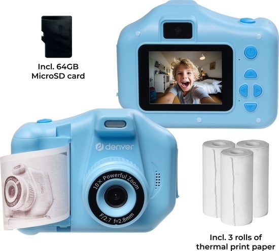 Denver Kindercamera Full HD met Printer - Selfie Camera - 48MP - Digitale Camera Kinderen - Foto en Video - Spelletjes - KPC1370 - Blauw