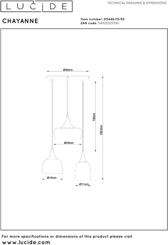 Lucide CHAYANNE - Hanglamp - Ø 30 cm - 3xE14 - Zwart