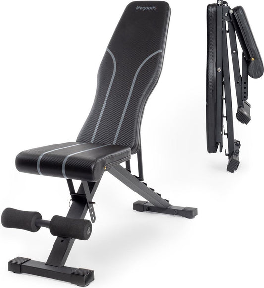 LifeGoods Fitness Halterbank - Fitnessbank - Bench Press - Trainingsbank - Verstelbaar - Inklapbaar - Zwart/Grijs