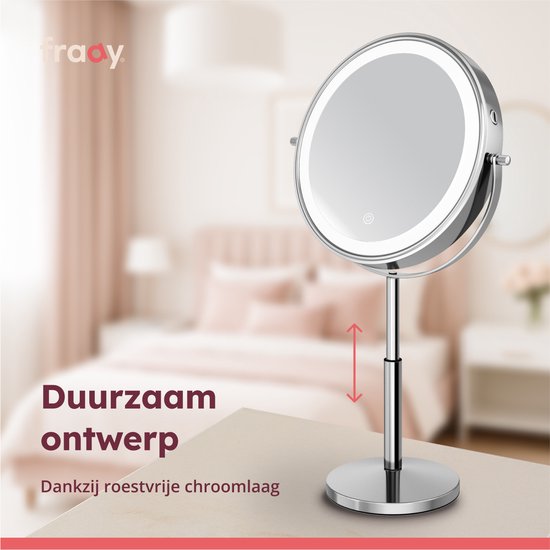 Fraay® XL Make Up Spiegel met LED Verlichting - 10x Vergroting - Vergrootspiegel met Licht - Oplaadbaar - Scheerspiegel - Badkamerspiegel - Chroom
