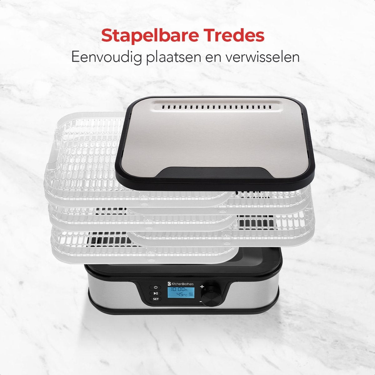 KitchenBrothers Voedseldroger - Elektrisch 380W - 5 Laags - 9 Hitte-niveaus - 35°C tot 75°C - LCD Display - Timer - RVS/Zwart